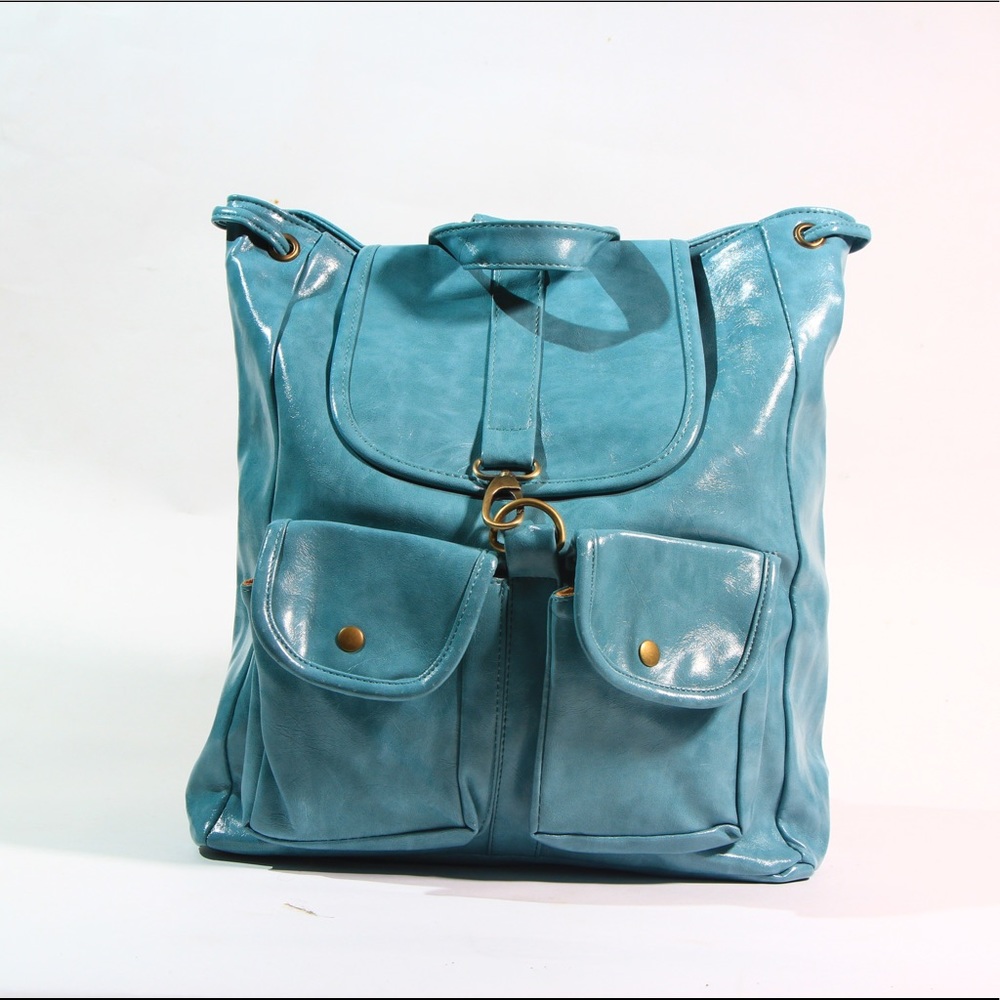 Blue Faux Leather Backpack